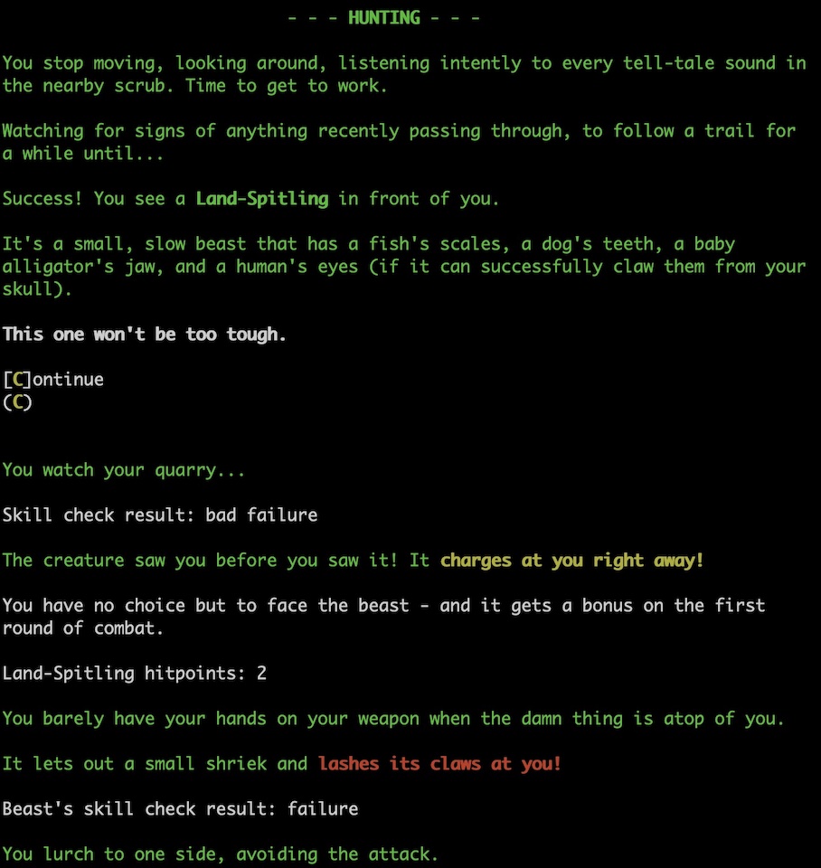 A screen shot showing hunting in Swords of Freeport. The player encounters a Land-Spitling, sizes it up, and prepares to fight. However, the player fails their initial stealth check and the creature notices them, charging at them and damaging the plauyer.